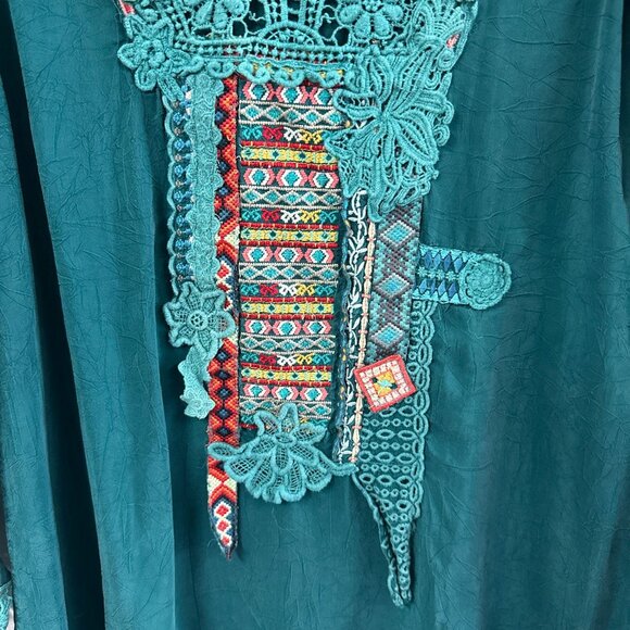 Johnny Was Teal Rayon Embroidered Floral Lace Size Small Tunic Blouse Shirt - Picture 2 of 5